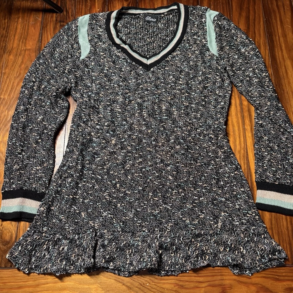 Elaris Blue Black Speckle Texture V-Neck Tunic Sweater Art Fun Unique Sz S A446